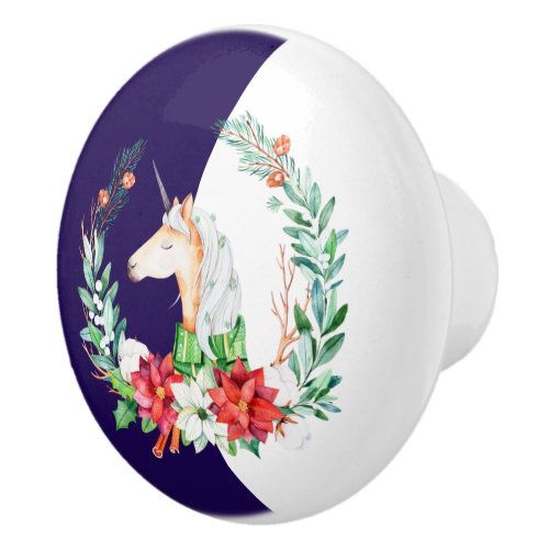 Christmas unicorn and poinsettia wreath ceramic knob