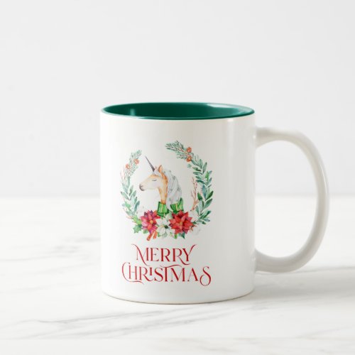 Christmas unicorn and poinsettia wreath Two_Tone coffee mug