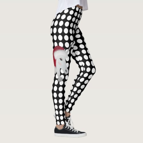 Christmas Unicorn Black White Polka Dots Leggings