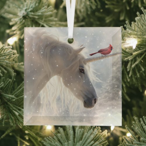 Christmas Unicorn Cardinal Holiday Glass Ornament