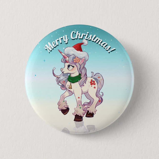 Christmas Unicorn Cartoon Button (Front)