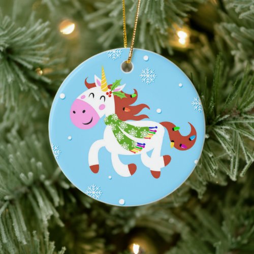 Christmas Unicorn Cartoon Ceramic Ornament