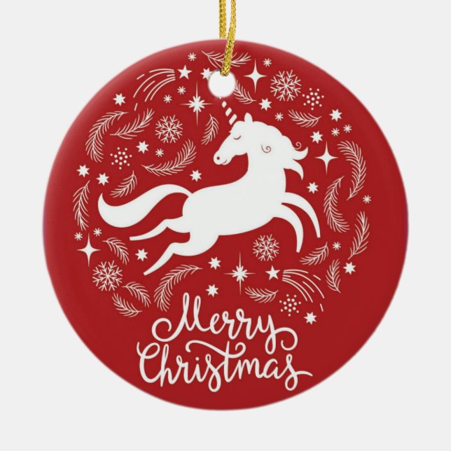 Christmas Unicorn Ceramic Ornament (Front)