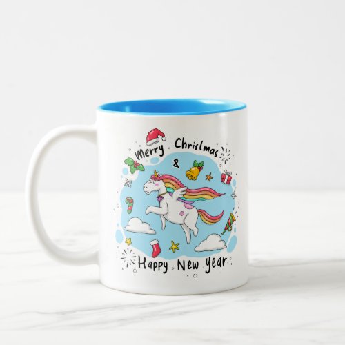 Christmas Unicorn Doodle Blue Two_Tone Coffee Mug
