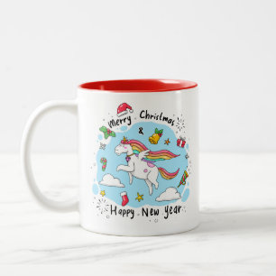 Christmas Unicorn Doodle Red Two-Tone Coffee Mug