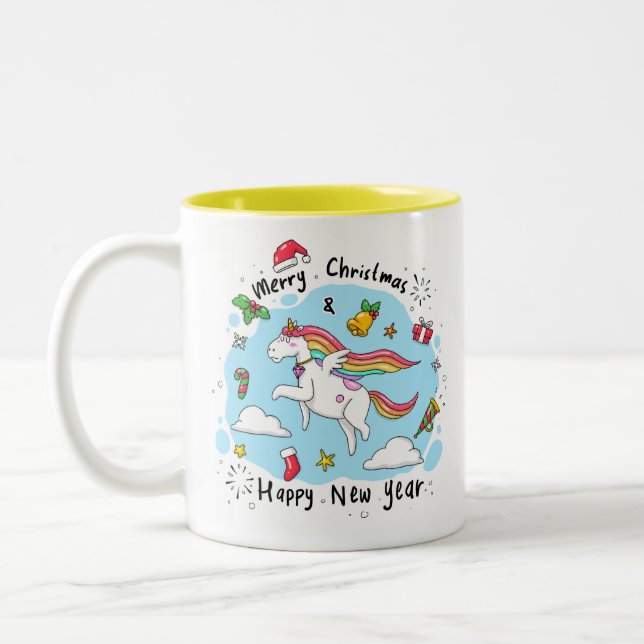 Christmas Unicorn Doodle Yellow Two-Tone Coffee Mug (Left)