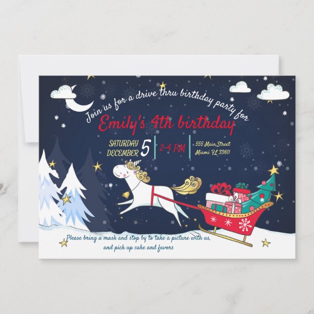 Christmas Unicorn Drive Thru Birthday Invitation (Front)