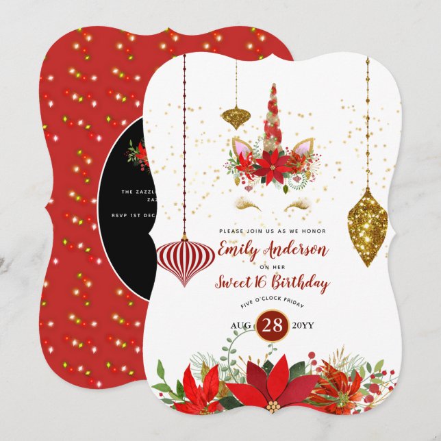 Christmas Unicorn Face Birthday Red Gold Fun Invitation (Front/Back)