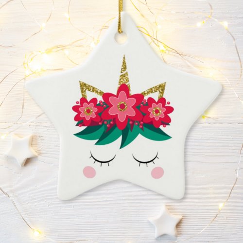 Christmas Unicorn Face Flowers Personalized Ceramic Ornament