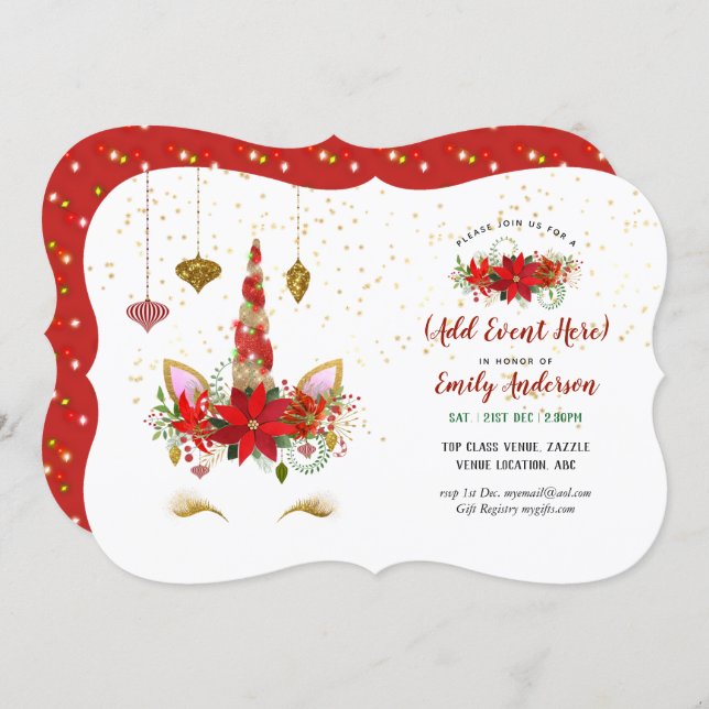 Christmas Unicorn Face Invitations ANY EVENT (Front/Back)