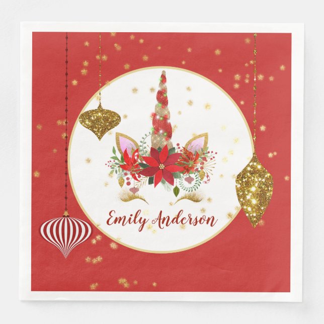 Christmas Unicorn Face Party Girls Red Gold Paper Dinner Napkins (Front)