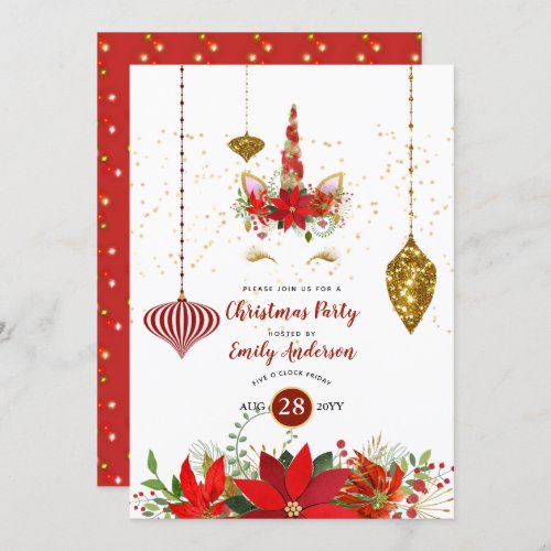 Christmas Unicorn Face Party Red Gold Fun Modern Invitation