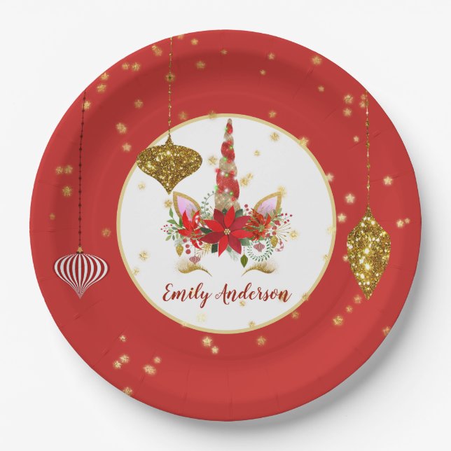 Christmas Unicorn Face Personalized Party Paper Plates (Front)