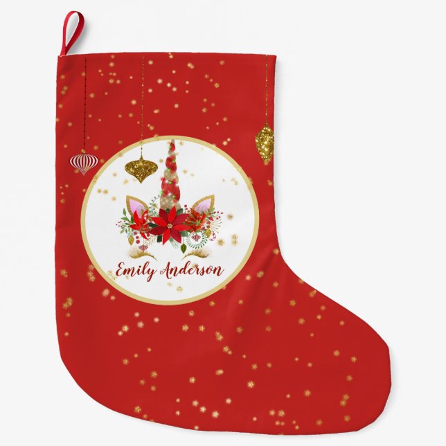 Christmas Unicorn Face Personalized Red Gold Large Christmas Stocking (Front)