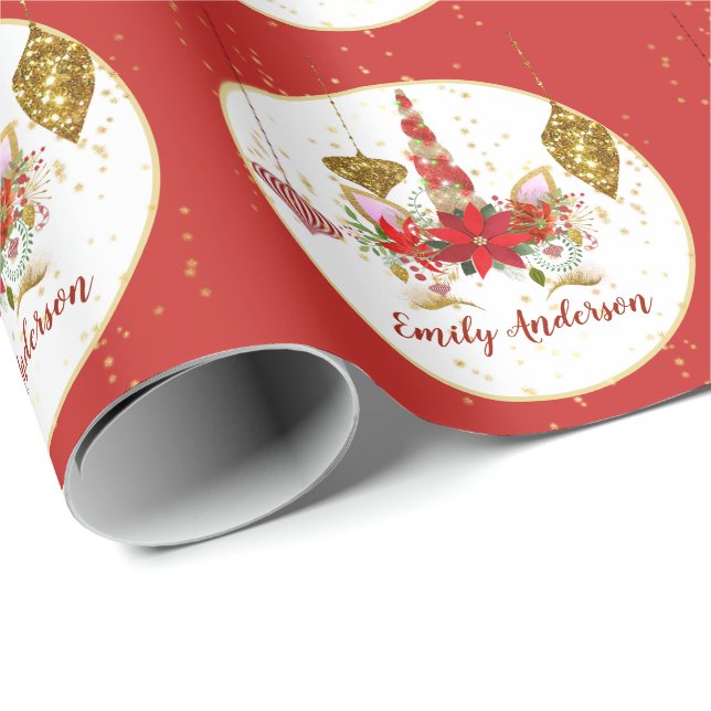 Christmas Unicorn Face Personalized Red Gold Wrapping Paper (Roll Corner)