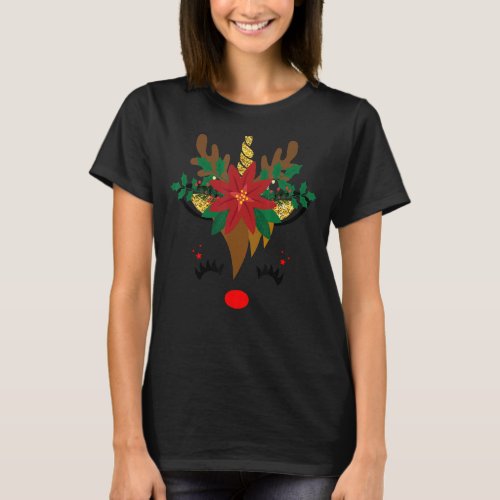 Christmas Unicorn Face Reindeer Flower Girl Women  T_Shirt