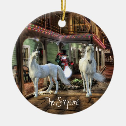 Christmas Unicorn Fantasy Holiday Scene Ceramic Ornament