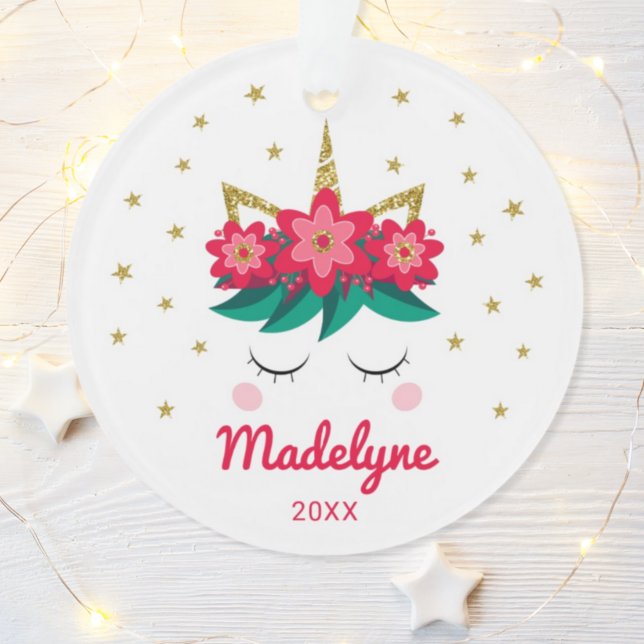 Christmas Unicorn Flowers Stars Personalized Name Ornament (Creator Uploaded)