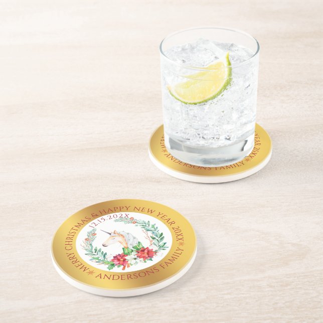 Christmas unicorn gold and white border coaster (Side)