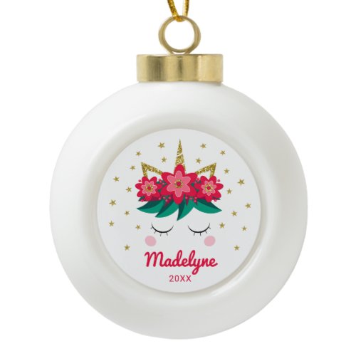 Christmas Unicorn Gold Glitter Stars Personalized Ceramic Ball Christmas Ornament
