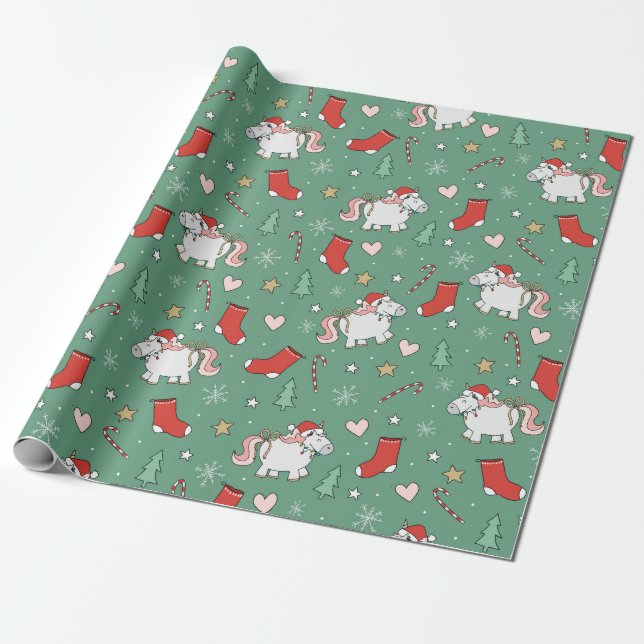 Christmas Unicorn Holiday Wrapping Paper (Unrolled)