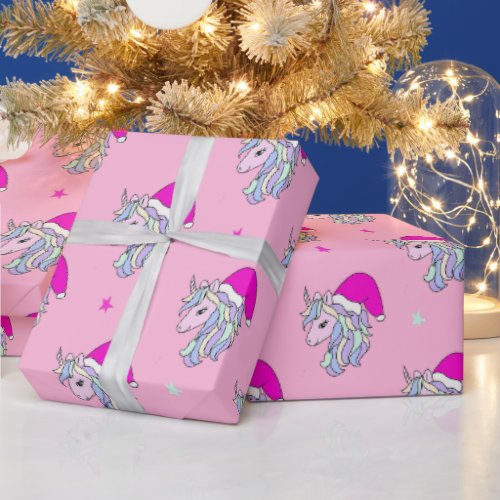 Christmas Unicorn in Santa Hat pink rose color Wrapping Paper
