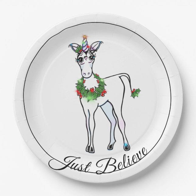 Christmas Unicorn, just believe Paper Plates (Front)