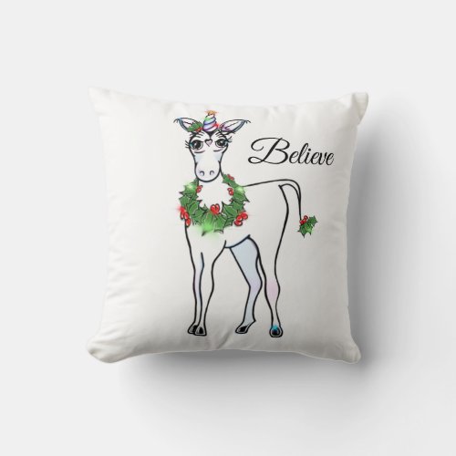 Christmas Unicorn just believe Throw Pillow