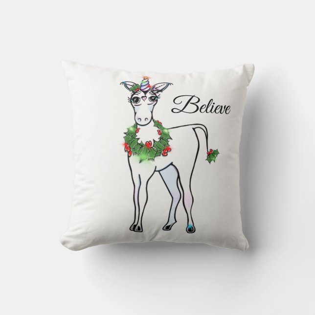 Christmas Unicorn, just believe Throw Pillow (Front)