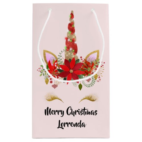 Christmas Unicorn Merry Christmas Name White Pink Small Gift Bag