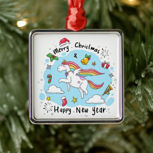 Christmas Unicorn Metal Ornament