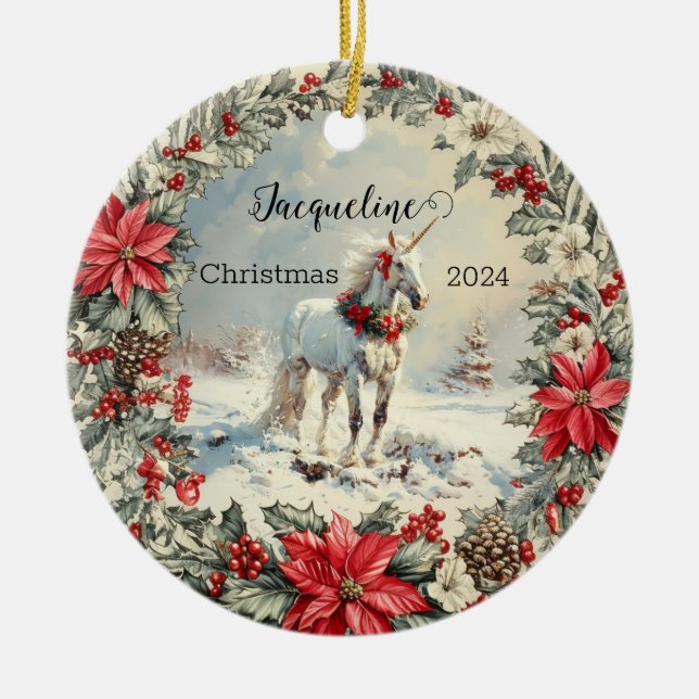 Christmas Unicorn Personalized Ornamennt Ceramic Ornament (Front)