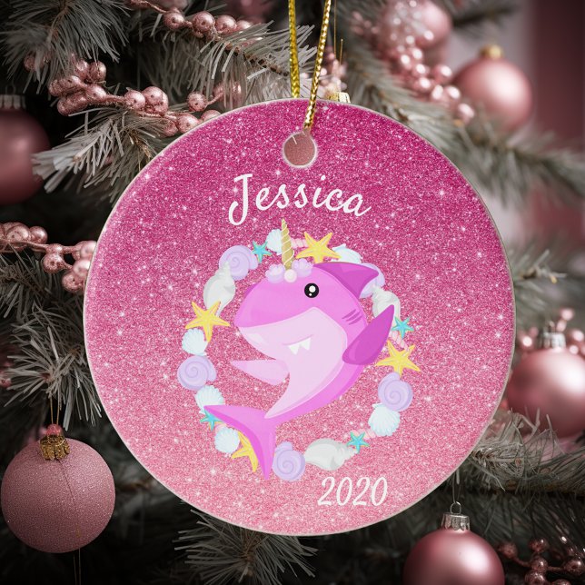 Christmas Unicorn Pink Shark Glitter Custom Ceramic Ornament (Creator Uploaded)