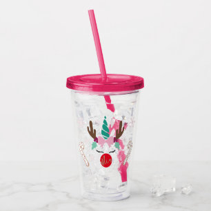 Christmas Unicorn Plastic Cup with straw