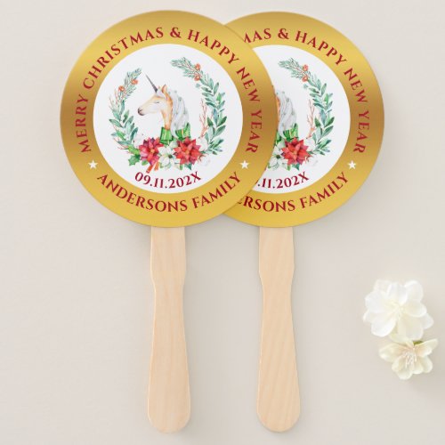 Christmas unicorn  poinsettia composition 2 hand fan