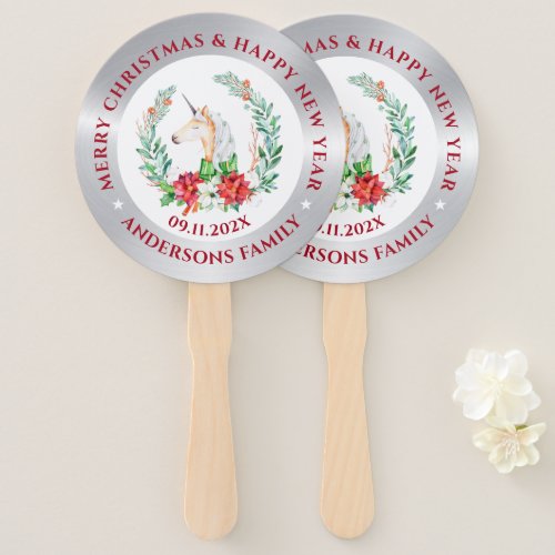 Christmas unicorn  poinsettia composition 3 hand fan