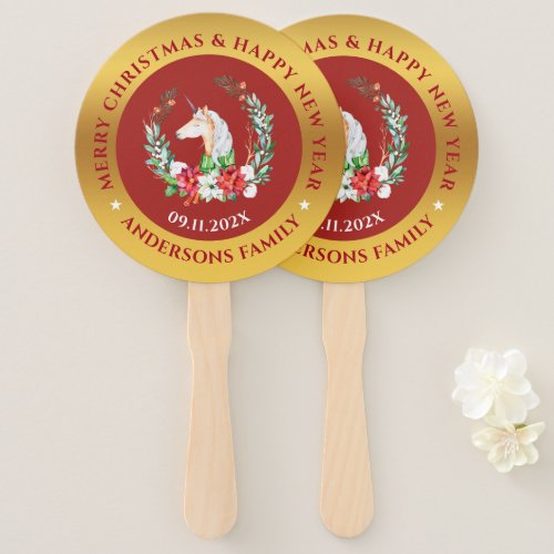 Christmas unicorn  poinsettia composition hand fan