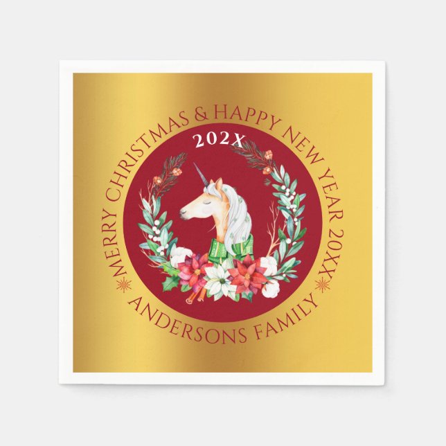 Christmas unicorn & poinsettia composition napkins (Front)