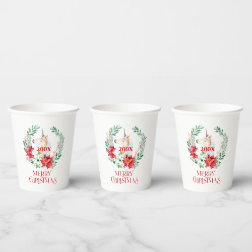 Christmas unicorn poinsettia wreath paper cups