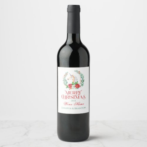 Christmas unicorn poinsettia wreath  typography wine label