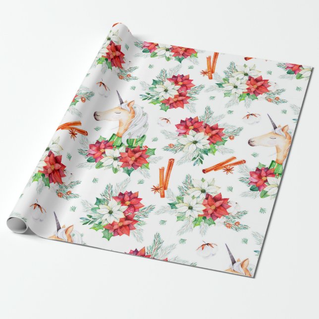 Christmas unicorn red and white poinsettia pattern wrapping paper (Unrolled)