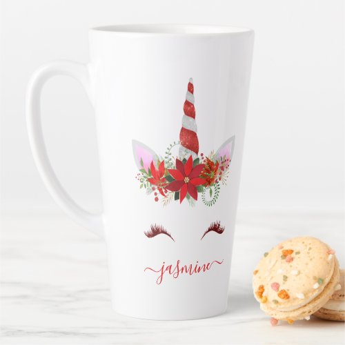 Christmas Unicorn Red Floral Gold Lashes Name Latte Mug