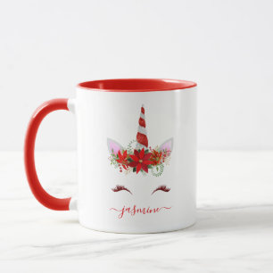 Christmas Unicorn Red Floral Gold Lashes Name Mug
