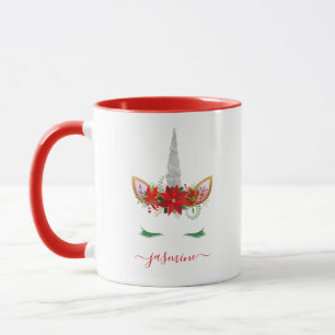 Christmas Unicorn Red Floral Green Lashes Name Mug