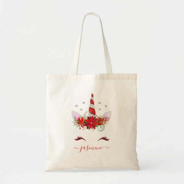 Christmas Unicorn Red Floral Script Name Tote Bag (Front)