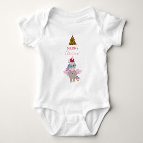 Christmas Unicorn Santa Hat Gold Glitter Xmas Tree Baby Bodysuit