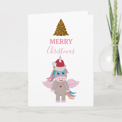 Christmas Unicorn Santa Hat Gold Glitter Xmas Tree Card
