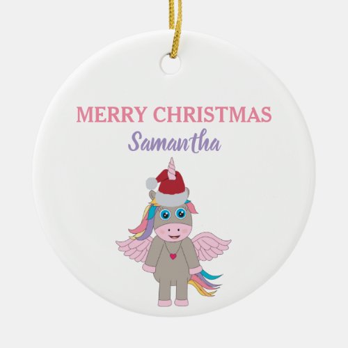 Christmas Unicorn Santa Hat Gold Glitter Xmas Tree Ceramic Ornament