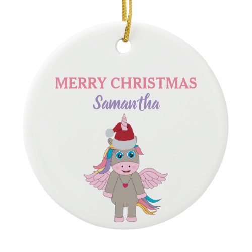 Christmas Unicorn Santa Hat Gold Glitter Xmas Tree Ceramic Ornament