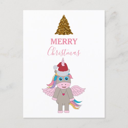 Christmas Unicorn Santa Hat Gold Glitter Xmas Tree Holiday Postcard